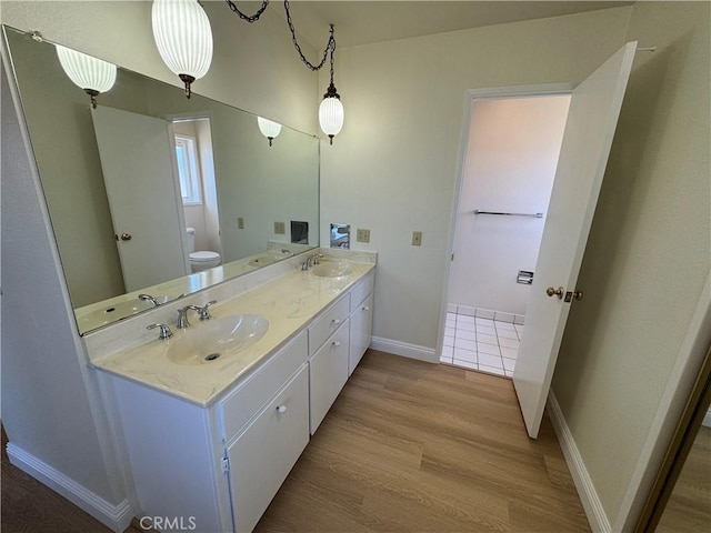 bathroom with toilet, wood-type flooring, and vanity