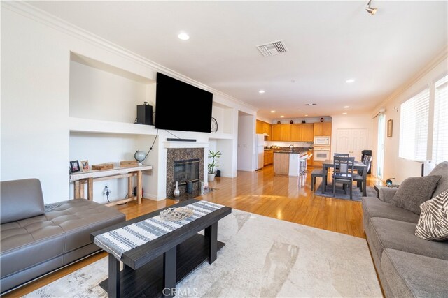 living room featuring crown molding and light hardwood / wood-style flooring