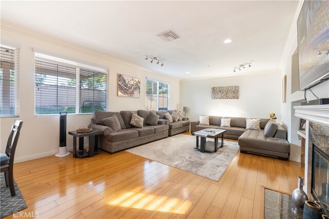 living room featuring wood-type flooring, crown molding, and track lighting