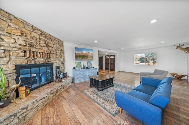 living room featuring a fireplace and hardwood / wood-style floors