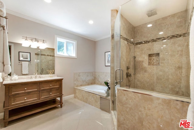 bathroom with shower with separate bathtub, tile patterned floors, vanity, and crown molding