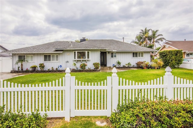 single story home with a front lawn