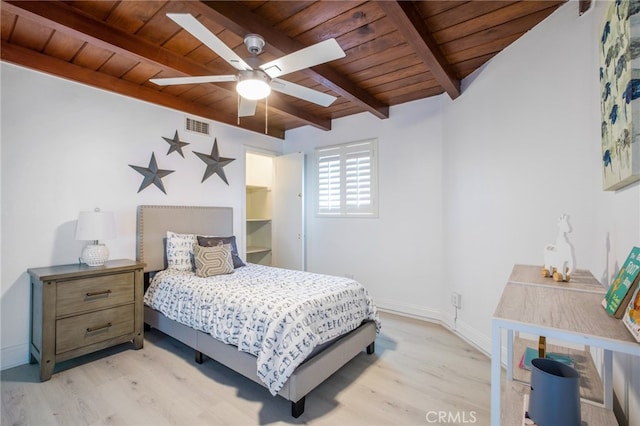 bedroom featuring ceiling fan, beam ceiling, light hardwood / wood-style floors, and wooden ceiling