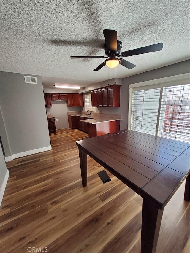 unfurnished dining area featuring a textured ceiling, ceiling fan, sink, and dark wood-type flooring