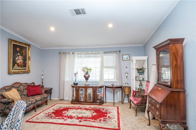 carpeted living room with ornamental molding