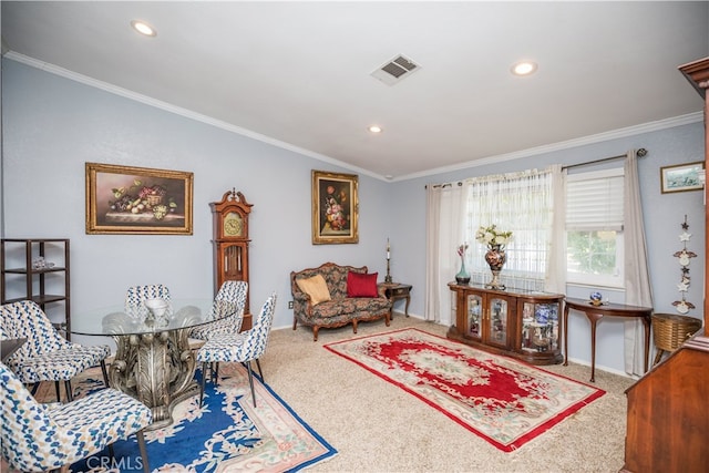 living room featuring vaulted ceiling, carpet floors, and crown molding