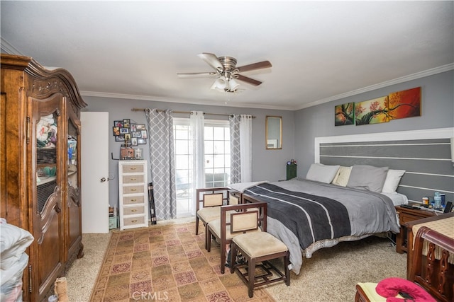 bedroom featuring ornamental molding and ceiling fan