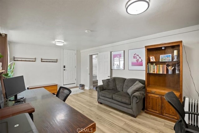 office area featuring light wood-type flooring and radiator