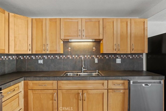 kitchen featuring light brown cabinetry, decorative backsplash, sink, and stainless steel dishwasher