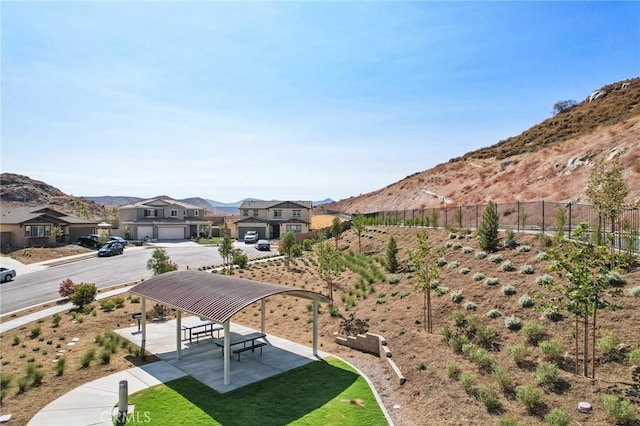 view of yard with a patio area and a mountain view