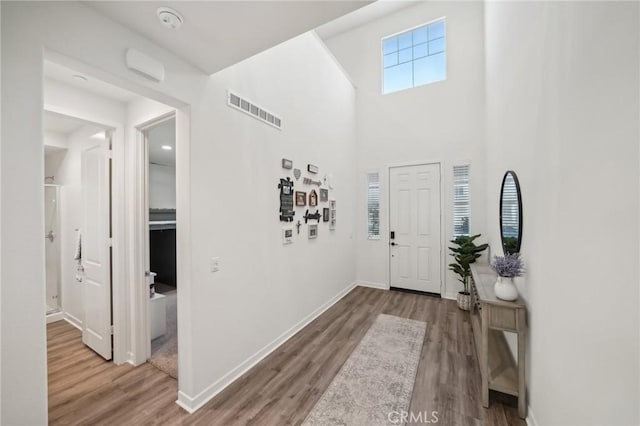 entryway featuring hardwood / wood-style floors and a high ceiling