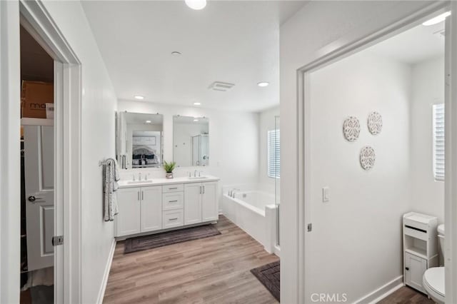 bathroom featuring a washtub, hardwood / wood-style floors, and vanity