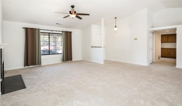 34578 Hickory Ln, Wildomar, CA 92595 - unfurnished living room with vaulted ceiling, a ceiling fan, light carpet, and baseboards