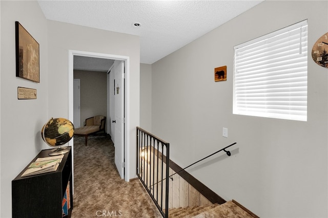 hall featuring light colored carpet and a textured ceiling