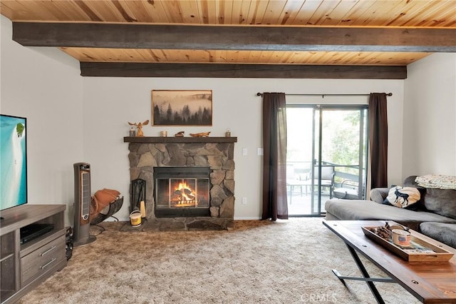 2434 Fir Dr, Running Springs, CA 92382 - carpeted living area featuring wood ceiling, beamed ceiling, and a fireplace
