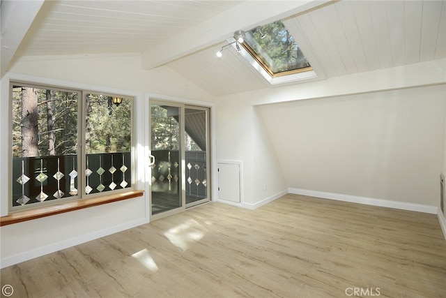 interior space featuring wood ceiling and vaulted ceiling with skylight