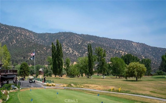 view of community featuring a lawn and a mountain view