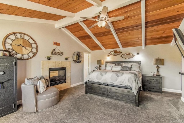 carpeted bedroom with vaulted ceiling with beams, ceiling fan, a fireplace, and wood ceiling