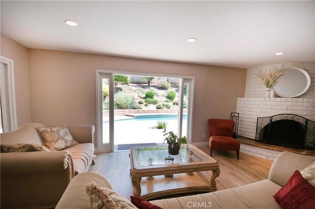 living room with a fireplace and light hardwood / wood-style flooring