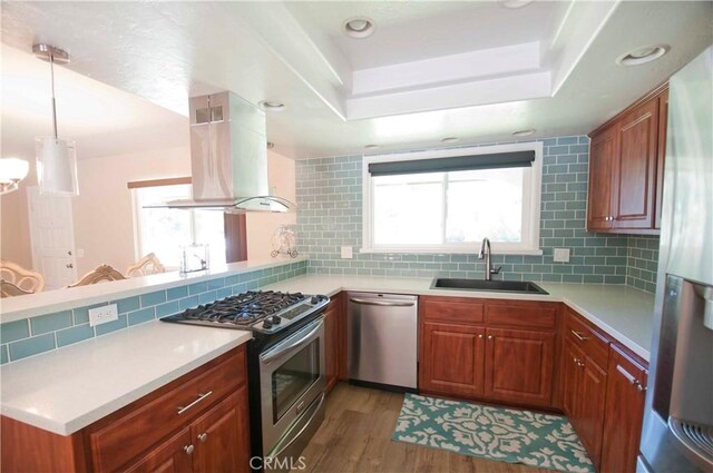 kitchen with stainless steel appliances, a wealth of natural light, dark wood-type flooring, and sink