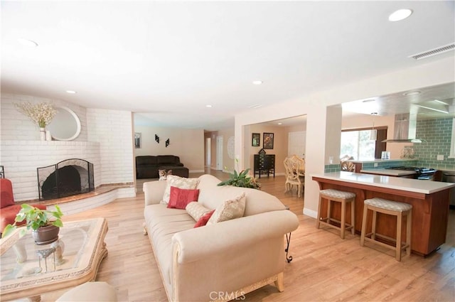 living room featuring a fireplace and light wood-type flooring