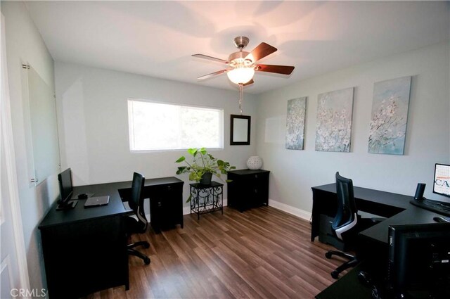 office space featuring hardwood / wood-style flooring and ceiling fan