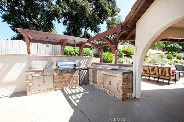 view of patio / terrace with sink, a pergola, an outdoor living space, grilling area, and area for grilling