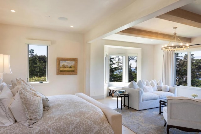 bedroom featuring beam ceiling, a notable chandelier, and multiple windows