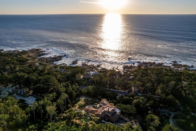 aerial view at dusk with a water view