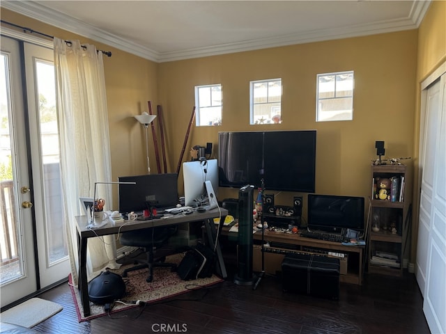 office featuring wood-type flooring and ornamental molding