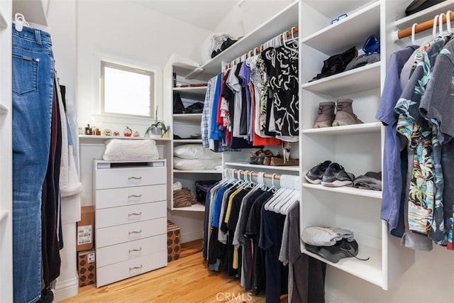 walk in closet with light hardwood / wood-style floors