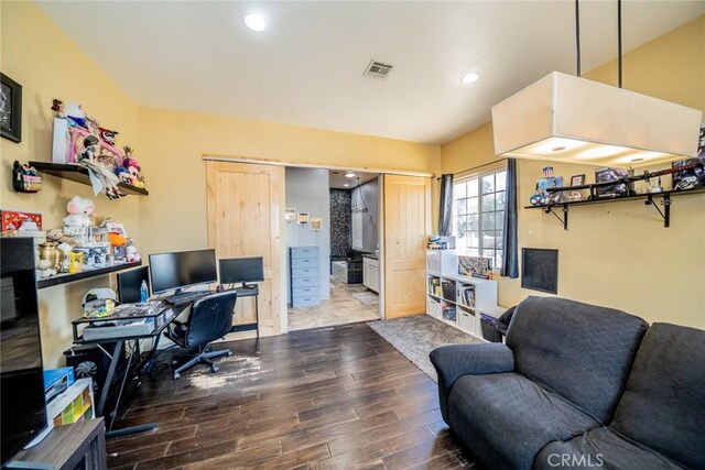 office area featuring wood finished floors, visible vents, and recessed lighting