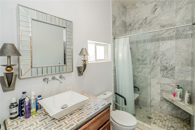 bathroom featuring vanity, toilet, and a shower with shower curtain