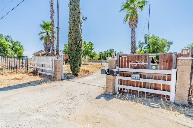 view of road with driveway, a gate, and a gated entry