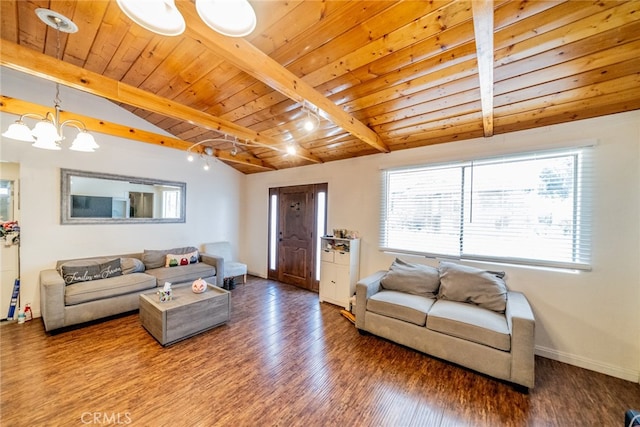 living room with an inviting chandelier, wood-type flooring, vaulted ceiling with beams, and wooden ceiling