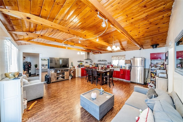 living room with wood ceiling, lofted ceiling with beams, track lighting, hardwood / wood-style floors, and a chandelier