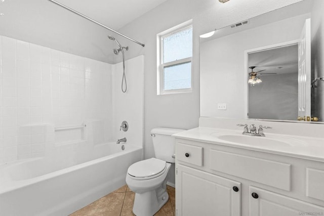 full bathroom featuring bathing tub / shower combination, tile patterned flooring, vanity, toilet, and ceiling fan