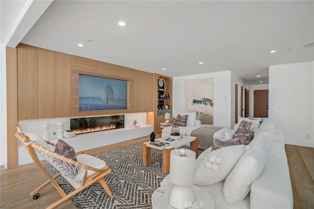 living room with a large fireplace and light hardwood / wood-style flooring