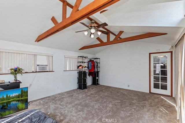 interior space featuring beamed ceiling, cooling unit, carpet floors, high vaulted ceiling, and ceiling fan