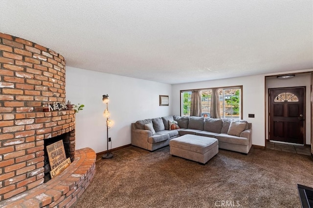 living room with a textured ceiling, carpet, and a brick fireplace