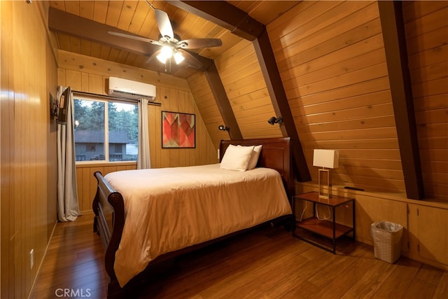 bedroom featuring ceiling fan, vaulted ceiling with beams, wood walls, dark wood-type flooring, and an AC wall unit