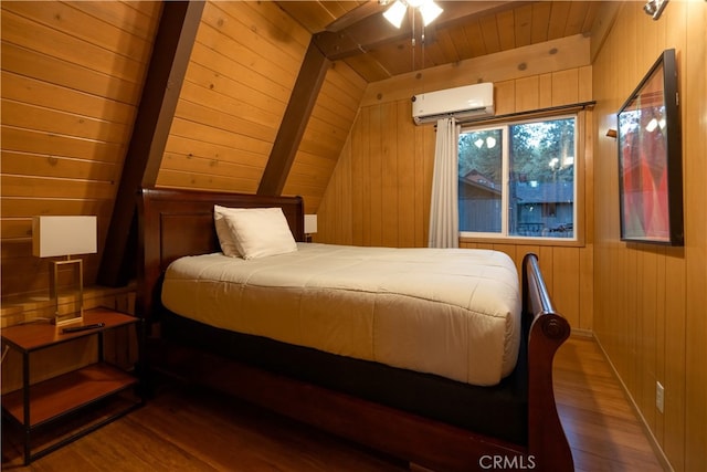 bedroom featuring vaulted ceiling with beams, wood walls, wooden ceiling, hardwood / wood-style floors, and an AC wall unit