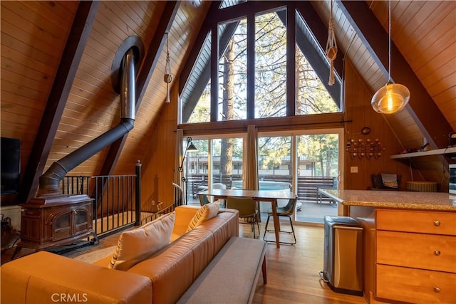 41959 Brownie Ln, Big Bear Lake, CA 92315 - living area featuring wood walls, a wood stove, wooden ceiling, and lofted ceiling with beams
