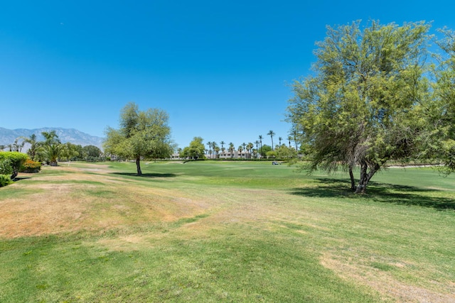 view of community with a lawn and a mountain view