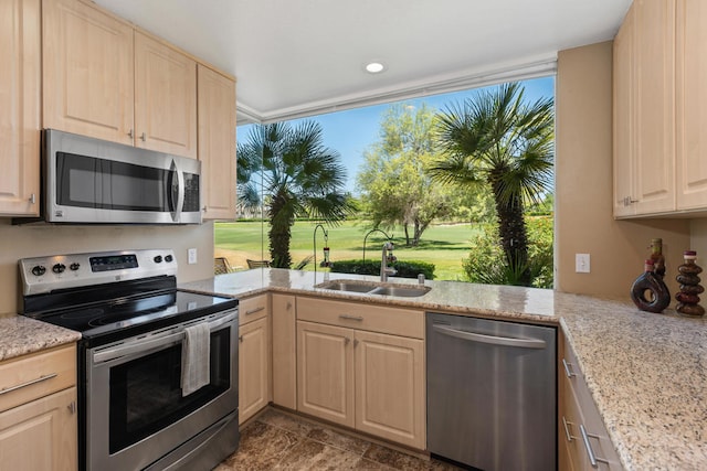 kitchen featuring light stone counters, appliances with stainless steel finishes, plenty of natural light, and sink