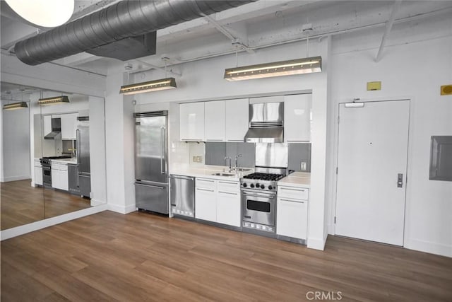 kitchen with white cabinets, ventilation hood, dark hardwood / wood-style floors, and premium appliances