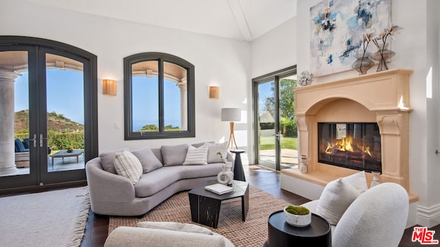 living room featuring lofted ceiling, dark hardwood / wood-style floors, and french doors