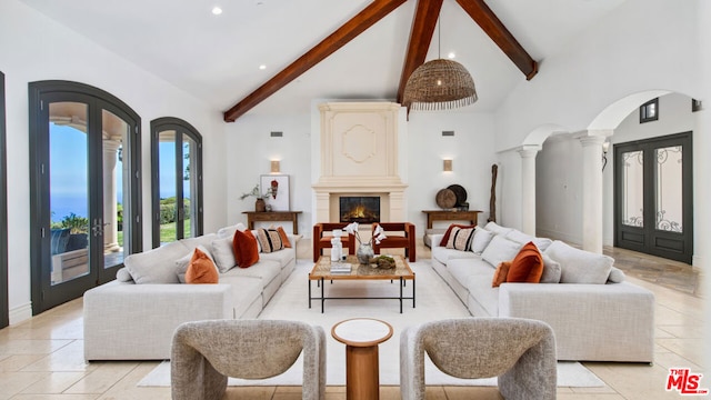 living room with beam ceiling, light tile patterned floors, french doors, and high vaulted ceiling