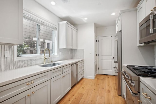 kitchen with sink, white cabinetry, high quality appliances, light hardwood / wood-style floors, and decorative backsplash