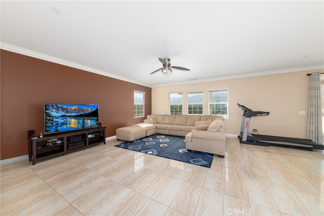 living room with ceiling fan and crown molding